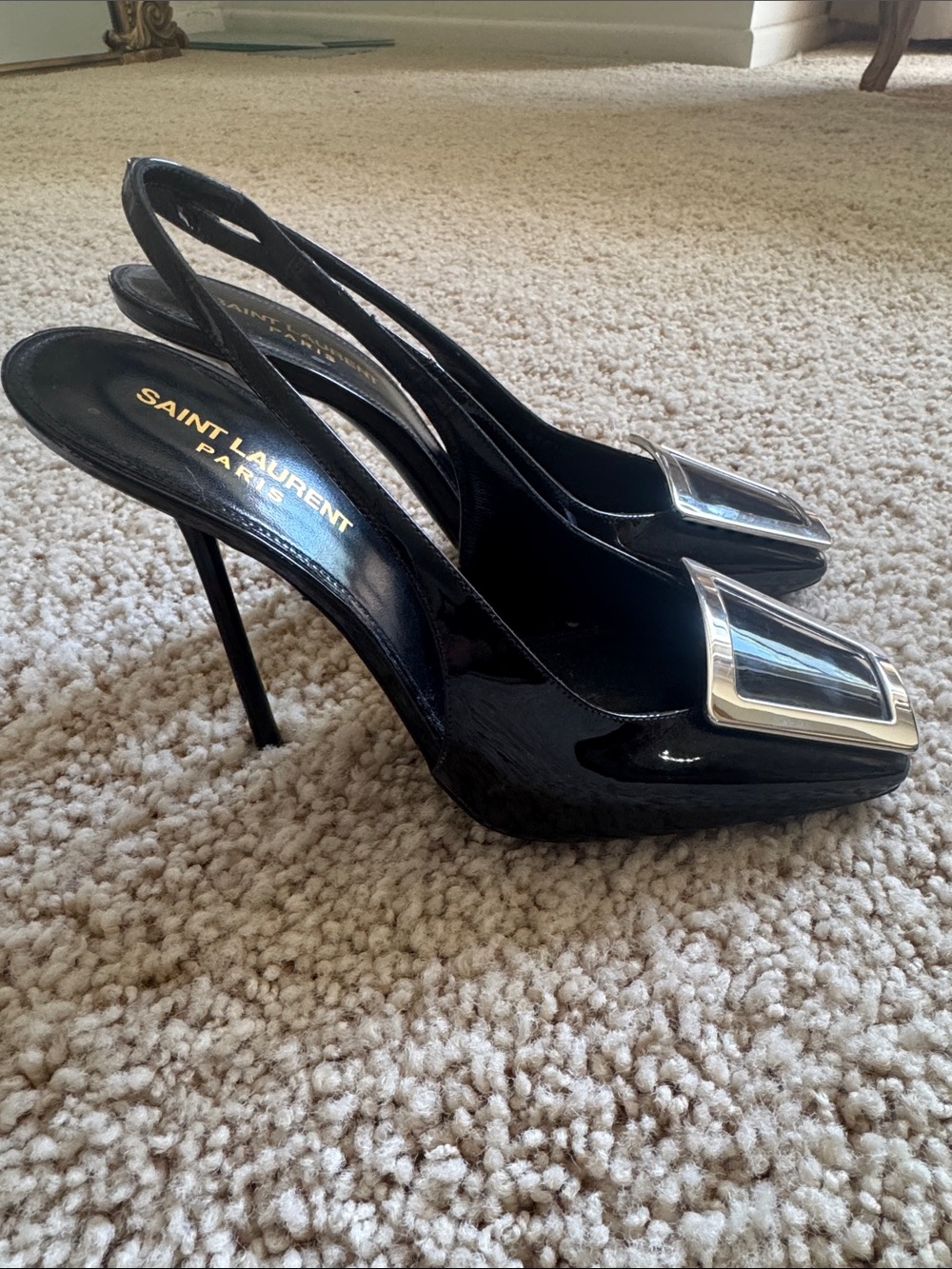 Saint Laurent Black Leather Slingback Pumps with Silver Square Toe Hardware - Picture 3 of 3